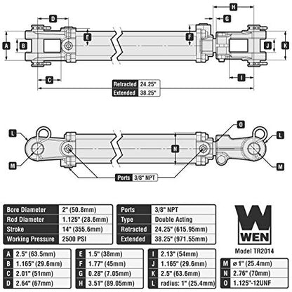 WEN 2500 PSI Tie Rod Hydraulic Cylinder with 2 in. Bore and 14 in. Stroke (TR-2014)