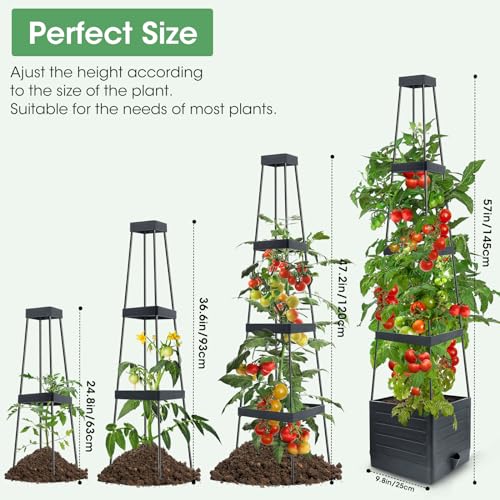 MQUPIN Tomato Planter Box with Trellis for Garden, 57 Inch Self-Watering Raised Garden Bed, Patio Tomato Cage for Climbing Vegetables & Flowers, Upgraded Tomato Pot for Indoor Outdoor Use (4 Pack)