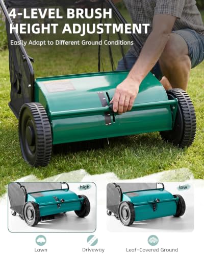 Push Lawn Sweeper, 27.5 in Yard Sweeper with 6 cu ft Bag - color: Green, size: 27.5 in