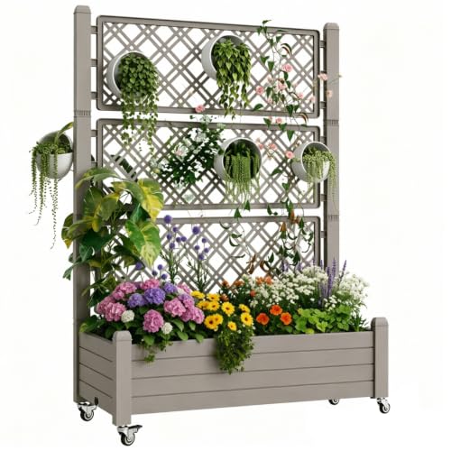Trellis Raised Garden Bed, Self-Watering Planter Box, Gary - color: Gray, size: 61.2" H
