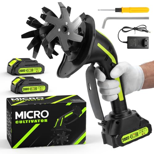 GARDTECH Cordless Tiller Cultivator, 235RPM Electric Hand Tiller with 2×2.0Ah Batteries, 4" Tilling Width & Depth, Powerful Mini Garden Tiller for Gardening, Raised Bed & Soil Loosening - color: BLACK-GREEN, size: Standard - Two Batteries