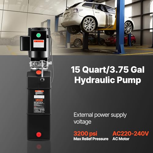 Vevor Hydraulic Pump 15 Quart Hydraulic Motor Hydraulic Lift Single Phase Car Lift 3450 RPM Dump Trailer 208-230 Volt Portable Car Lift 2 Horsepower Auto Lift Vehicle Lift Portable Power Press - size: 16 Quart, style: Single Acting