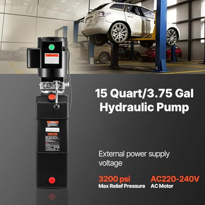 Vevor Hydraulic Pump 15 Quart Hydraulic Motor Hydraulic Lift Single Phase Car Lift 3450 RPM Dump Trailer 208-230 Volt Portable Car Lift 2 Horsepower Auto Lift Vehicle Lift Portable Power Press - size: 16 Quart, style: Single Acting