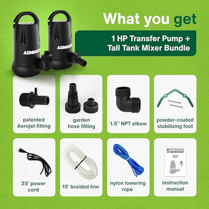 Aeromixer Tall Tank 3/4 HP Submersible Mixing & 1 HP Transfer Pump Bundle | Dual Electric Pumps, Outdoor Use, Reservoir Circulation, Installation Accessories, Nutrient Management, Farming and Gardening