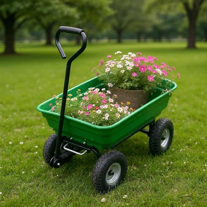 Garden Cart Trolley Heavy Duty 4 Wheel Utility Wagon, Iron and Plastic Dump Cart with Padded Handle for Lawn Yard Outdoor, Green Gardening Tool Carrier for Moving Plants Soil Mulch, 150kg Capacity