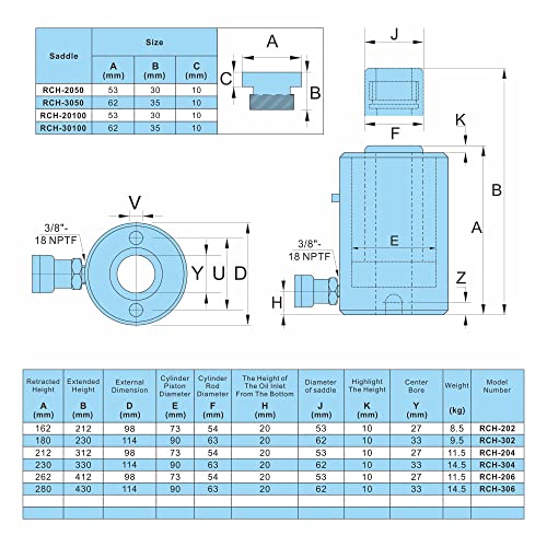 AMZCNC 20 Ton Hollow Hydraulic Ram Cylinder, 2 Inch, Single Acting - size: 20T 2Inch