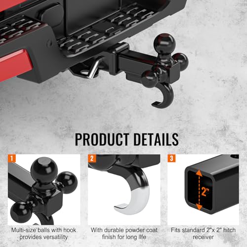 Heavy Duty 2" Tri Ball Trailer Hitch Mount with Tow Hook & Pin