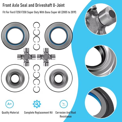Front Axle Vaccum Knuckle Seal & Hub O-Ring & Dust Seals Kit With Driveshaft U-Joint Fit For Ford F250 F350 Super Duty With Dana Super 60 (2005 to 2019) - size: Driveshaft U-Joint & Front Axle Bearing Kit
