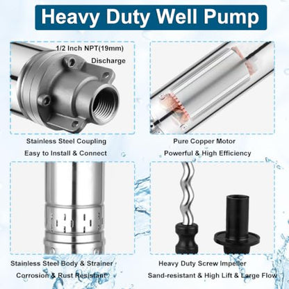 2" Deep Well Submersible Pump, 1/2 HP 220V Deep Well Pump with 33FT Cord - size: 2"-220V