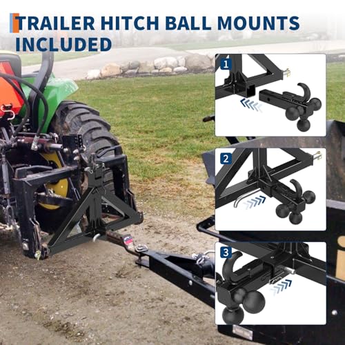 Garvee 3 Point Hitch Receiver with 2 in Receiver, 3 Ball & Hook - color: Black-1, size: 33"x 17.5"