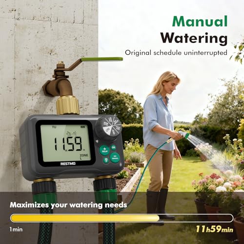 RESTMO Remote Control Brass Sprinkler Timer for Outdoor Hose Faucet 2 Zone - color: Gray