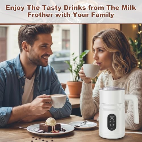 4 in 1 Electric Milk Frother Automatic Hot & Cold Foam Maker Auto Shut-Off Durable Stainless Steel Milk Frother Silent Working Easy to Clean for Hot Chocolate (White-With Digital Display) - color: White-A