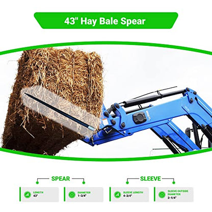 43" Hay Bale Spear 3000 LBs Capacity, C-2 Bale Spike Square Tapered Forged - 1 3/4" Conus 2, Bale Hay Spike with Hex Nut & Weld in Sleeve (1)