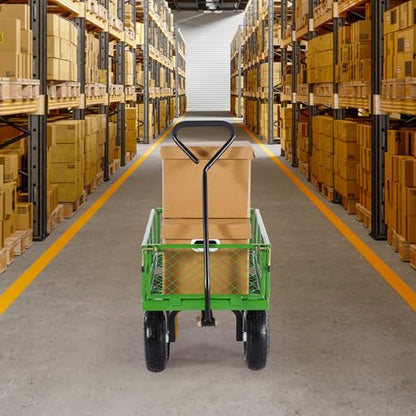 VEVOR 680 Lbs Steel Garden Cart on Wheels, Heavy Duty Garden Wagon Cart Pullable, Metal Outdoor Utility Yard Wagon Carts with 10" Tires, Mesh Removable Sides and 180°Rotating Handle - color: Black+green