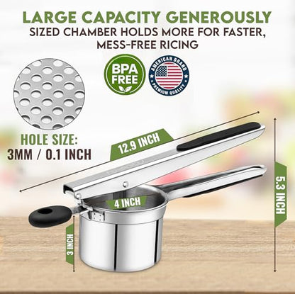 Large 15oz Potato Ricer with 3 Discs - Heavy Duty Stainless Steel Potato Masher and Ricer for Mashed Potatoes | Non Slip Baby Food Squeezer, Kitchen Gadget Tool for Food Press & Food Mill - size: Three Discs