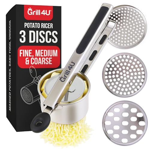 Large 15oz Potato Ricer with 3 Interchangeable Discs - Professional Stainless Steel Masher for Fluffy Mashed Potatoes, Gnocchi & Guacamole - Ergonomic Silicone Handles, Heavy Duty & Dishwasher Safe - size: Three Discs