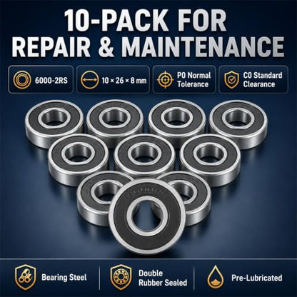 Jingzan 10 Pack 6000-2RS Deep Groove Ball Bearings, 10mm ID x 26mm OD x 8mm Width, Double Rubber Sealed, Pre-Lubricated Bearing Steel Bearings, P0 C0