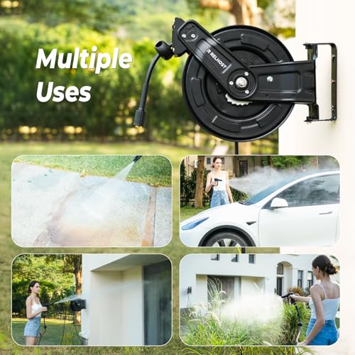Relhost Pressure Washer Hose Reel, 65 ft x 1/4 inch Retractable Power Washer Hose Reel, Heavy Duty Steel Hose Reel with Dual Arms, Auto Rewind, 180° Swivel Ceiling