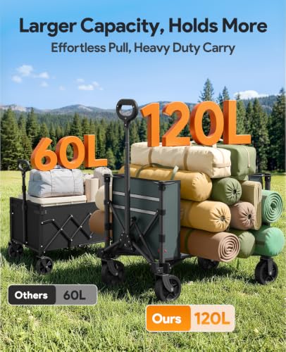 Collapsible Wagon with Wheels,120L Wagon Cart for Camping Groceries Beach - color: Gray