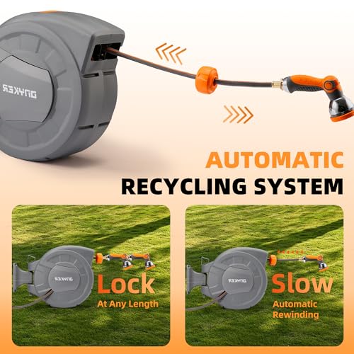 Retractable Garden Hose Reel, 1/2 inch x 65 ft Water Hose Reel Wall Mounted, Any Length Lock, Slow Auto-Rewind, 180°Swivel Bracket & 10 Pattern Nozzle - size: 1/2'' 65FT