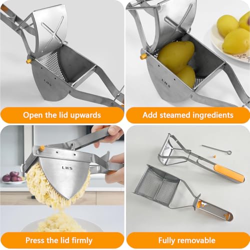 LHS Stainless Steel Potato Ricer and Masher, Heavy Duty Commercial Food Masher, Ergonomic Comfort Grip, Extra Large Capacity, Dishwasher Safe (Orange) - color: Orange