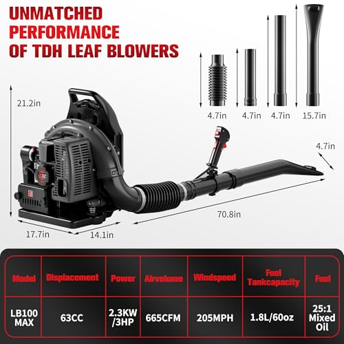 TDH Backpack Leaf Blower,63CC Backpack Blower with 665 CFM & 205 MPH - color: Black