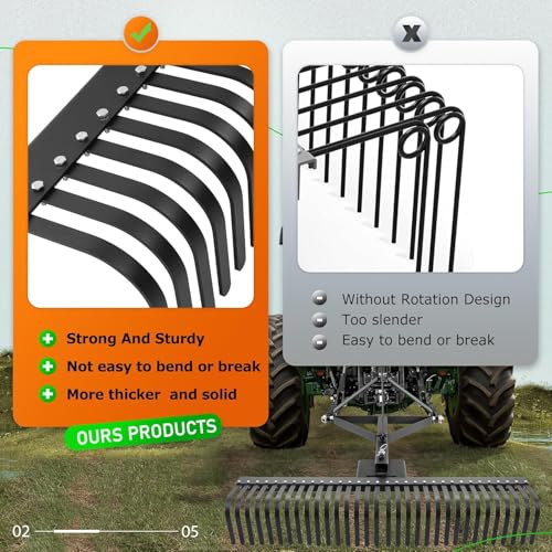 KUAFU 60" 3 Point Landscape Rake Rotation Compatible with Category 1 - style: Black