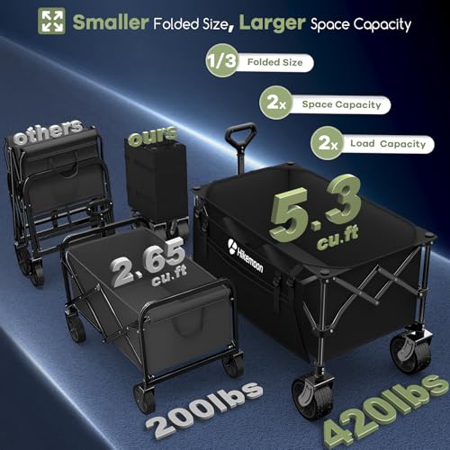 HIKEMOON 150L Collapsible Wagon Compact with Big Wheels, 420LBS Black - color: Black