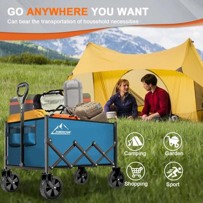 AMNOW 100L Collapsible Wagon Cart with All Terrain Wheels, 350LBS, Blue - color: Blue-3