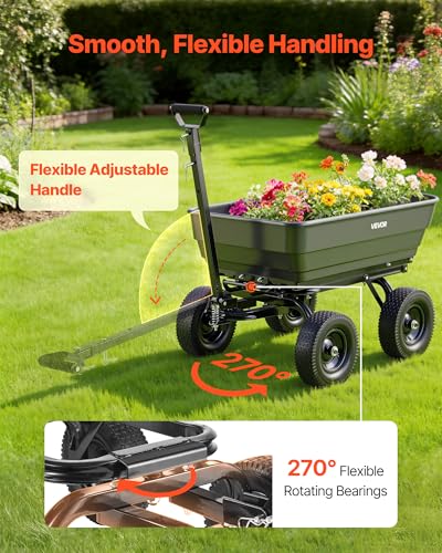 VEVOR 7 Cu.Ft 1200LBS Poly Garden Cart Dump Wagon, Heavy Duty Wheelbarrow with 2-in-1 Convertible Handle and 13" Flat Free Tires, Utility ATV Trailer Yard Dump Cart Tow Behind for Lawn Mower Tractor - color: Darkgrey
