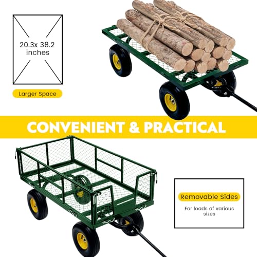 Steel Garden Cart, 2-in-1 Heavy Duty Utility Wagon 900 LBS Capacity Carts with Removable Mesh Sides to Convert into Flatbed, 240° U-Turn 10" Pneumatic Tires Garden Wagon for Lawn Camping Farm Yard - color: Green
