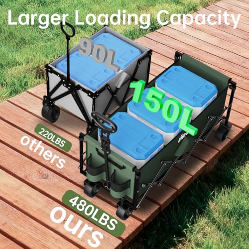 34" Extra Long Collapsible Wagon Cart, 480LBS Capacity, Army Green - color: Army Green