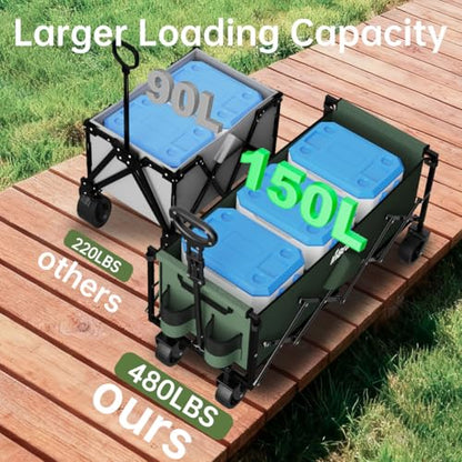 34" Extra Long Collapsible Wagon Cart, 480LBS Capacity, Army Green - color: Army Green