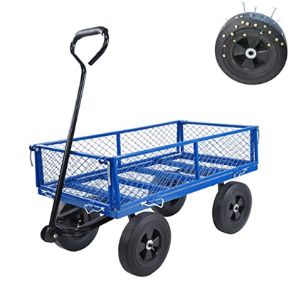 Solid Wheels 10" Flat Free Tires Steel Garden Wagon cart A Large-Capacity mesh with a Load of 1100LBS,with Detachable Side and no Pneumatic Tires,can be Used in Farms,Warehouses,etc. - color: Blue -Solid Wheels