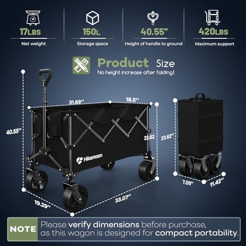 HIKEMOON 150L Collapsible Wagon Compact with Big Wheels, 420LBS Black - color: Black
