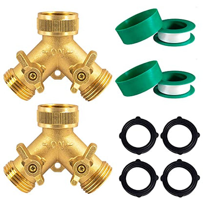 Hourleey Brass Garden Hose Splitter (2 Way), Solid Brass Hose Y Splitter 2 Valves with 2 Extra Rubber Washers (2 PACK) - size: 2 Pack - 2 Way