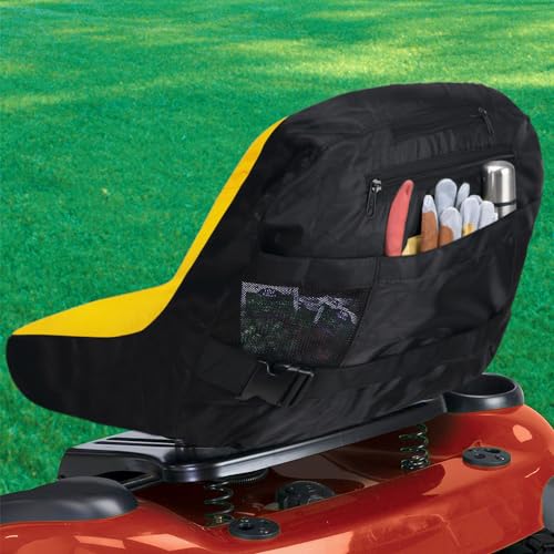 Seat Cover (Large) LP92334 Fits John Deere Mower up to 16.5'' - 18" High (Waterproof) (Four Convenient Pockets)(Made with Oxford 600d Fabric) Comes with Storage Pouch - color: yellow and black