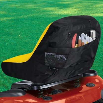 Seat Cover (Large) LP92334 Fits John Deere Mower up to 16.5'' - 18" High (Waterproof) (Four Convenient Pockets)(Made with Oxford 600d Fabric) Comes with Storage Pouch - color: yellow and black