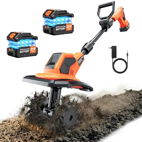 21V Cordless Tiller Cultivator, 6000mAh Battery Powered Tiller, 400RPM Electric Tiller for Gardening, 9.5" Width, 7" Depth for Soil Preparation, Lightweight Garden Rototiller for Lawn/Soil Cultivation