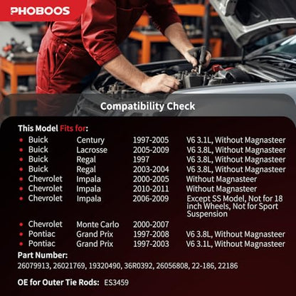 PHOBOOS Hydraulic Power Steering Rack and Pinion Assembly Compatible with Buick Century 1997-2005 & Chevrolet Impala 2000-2011, with Outer Tie Rod Ends, New Unit, Direct Fit, Ref. 22-186, ES3459 - size: 22-186/ES3459