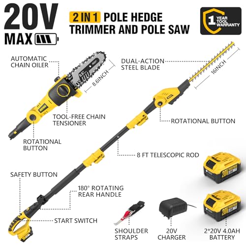Alloyman 2-in-1 Telescopic Cordless Pole Hedge Trimmer 16'' &Pole Saw 8.6'' - color: YELLOW