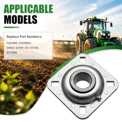 Disc Harrow Flange Bearing 2-3/16" Round Bore, 4-Bolt Harrow Disc Bearing Compatible with FD211RB FD211RBA, Harrow Disc Bearing 2-3/16 Inch Bore Replacement for Agricultural Tool Case-IH New Holland