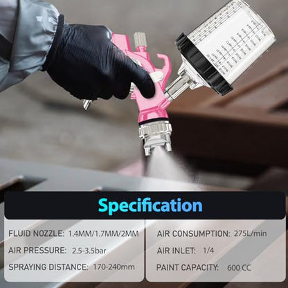 HVLP Air Spray Gun with 1.4/1.7/2mm Nozzles & Air Compressor Regulator, Air Spray Paint Gun w/10pcs 600cc Mixing Cup and Lids, Automotive Paint Sprayer for Car, House Painting, Furniture (Pink) - color: Pink
