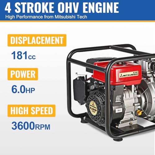 TOOLCY Trash Pump 2 inch with 6HP 181cc 132GPM 4-Cycle Gasoline Engine, Gas Powered Water Triple Outlet (2"/1.5"), Commercial Water Transfer Pump for Long-Distance Irrigation & Sprinkler Systems
