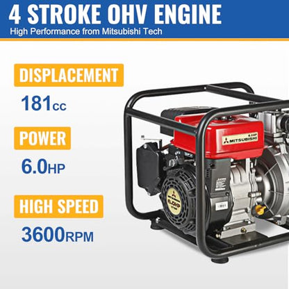 TOOLCY Trash Pump 2 inch with 6HP 181cc 132GPM 4-Cycle Gasoline Engine, Gas Powered Water Triple Outlet (2"/1.5"), Commercial Water Transfer Pump for Long-Distance Irrigation & Sprinkler Systems