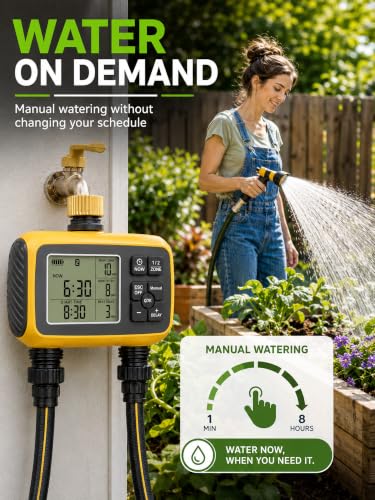 Hose Timer 2 Outlet, 2 Zone Programmable Sprinkler Timer with Rain Delay & Manual Mode, Heavy Duty Digital Timer for Garden Hose, Auto Irrigation Controller for Lawn, Yard & Drip Irrigation Outdoor