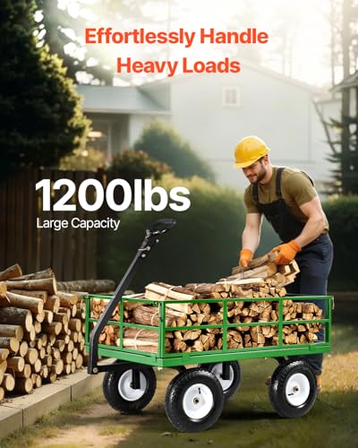 VEVOR 1200 Lbs Steel Garden Cart, Heavy Duty Pullable Garden Wagon Yard Cart, 2 in 1 Outdoor Metal Utility Wagon Yard Trailer with 13" All Terrain Tires, Mesh Removable Sides and 180°Rotating Handle - color: Black+green