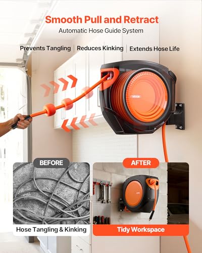 VEVOR Retractable Air Hose Reel, 3/8 Inch x 80 FT Hybrid Air Hose Max 300PSI, Enclosed Air-Compressor Hoses Reel Auto Rewind with 6.6 ft Lead in, 180° Swivel Ceiling/Wall Mount for Workshops - size: 3/8IN x 80FT