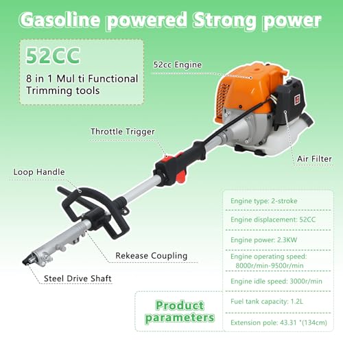 8 in 1 Weed Eater Gas - 52CC 2-Stroke Gas Pole Saw Hedge Trimmer Combo - size: 8-in-1