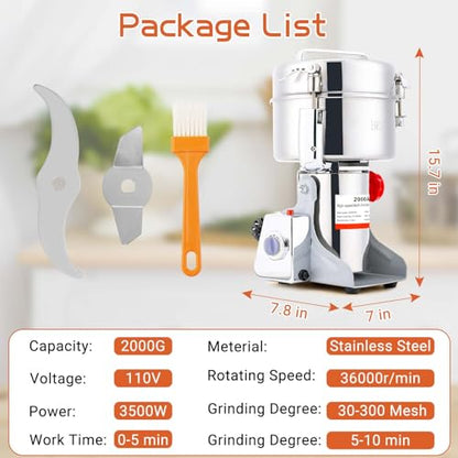 BI-DTOOL Electric Grain Mill Grinder 2000g Stainless Steel Pulverizer 36000r/min High-speed Grain Mill 3500W Dry Material Grinding Machine 270° swingable Superfine powder for Home and Commercial - size: 2000G